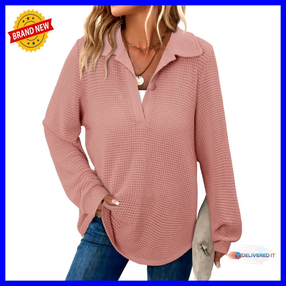 Long Sleeve Waffle Knit V-Neck Top Casual Fall Winter Shirt